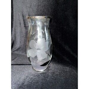 Vintage Clear Glass White Etched Flower Vase W/ Silver Overlay Leave/Trim READ